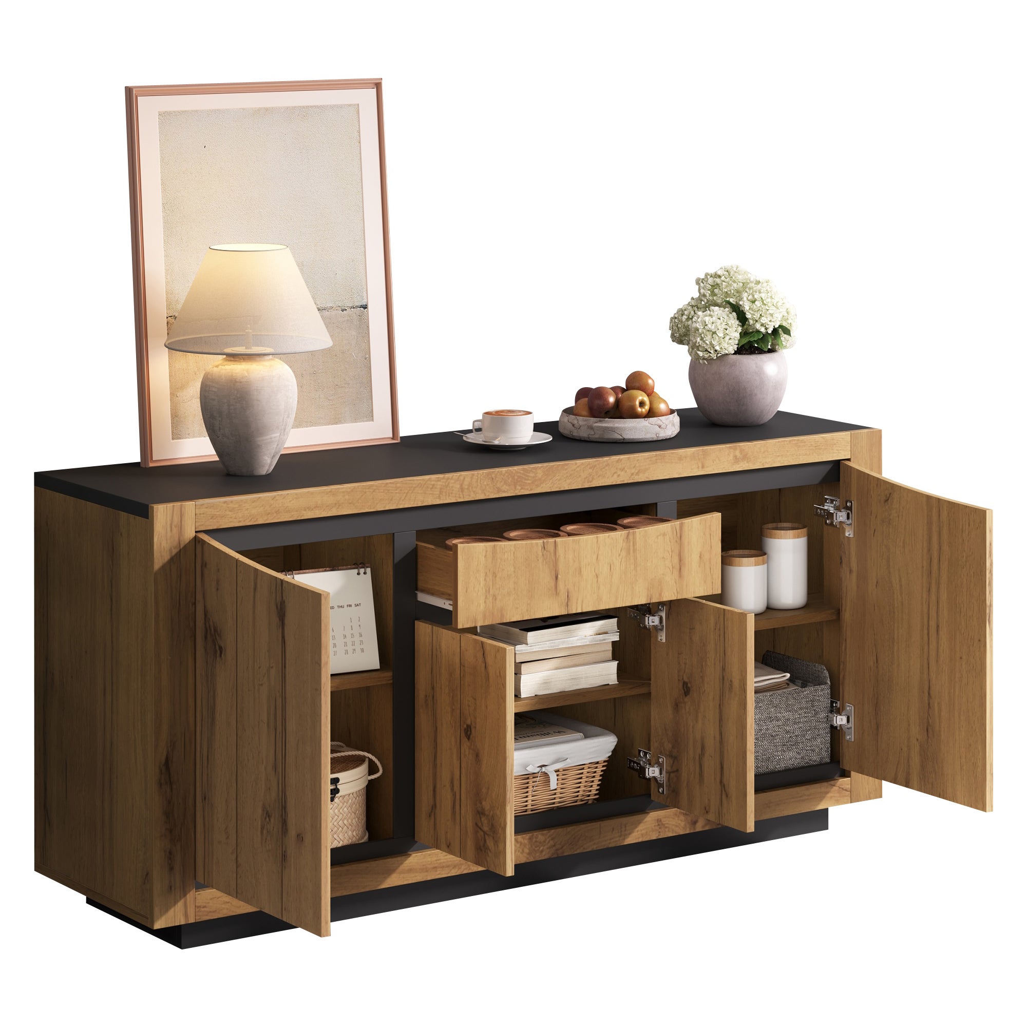 Buffet 140x38,5x52 cm - 4 portes et 1 tiroir - Commode 5 tiroirs - Finition bois - MDF - Naturel + Noir - 8