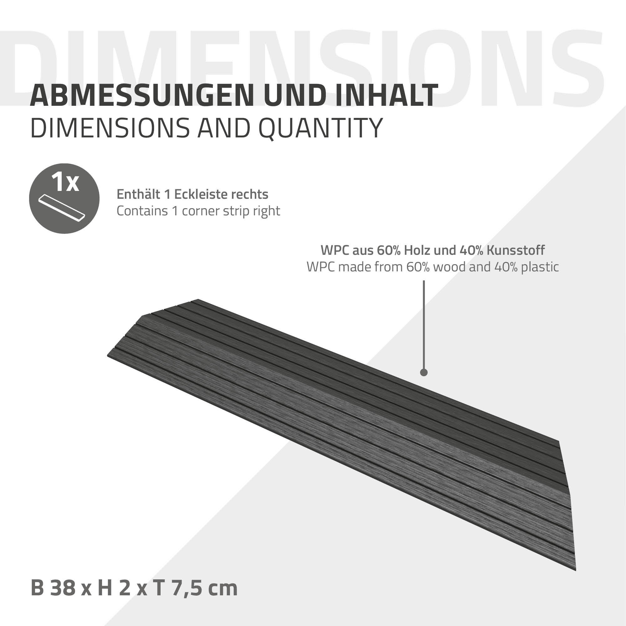 ML-Design listwa narożna prawo wpc antracytowy 38x2x7,5 cm profil drewnopodobny ryflowany z odpływem wzmocniona baza system klik obróbka krawędzi - 6