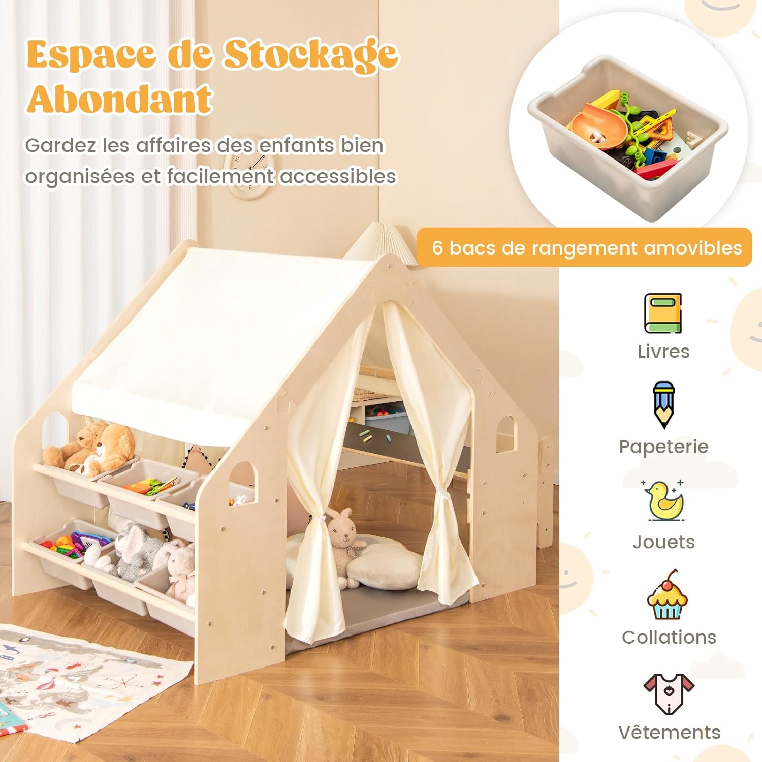 6 en 1 Tente de Jeu Enfants Cadre en Bois Massif, Table & Chaise, Tapis et Rideaux Amovibles, Maisonnette pour 2-6 Ans, 145x98x113cm - 4