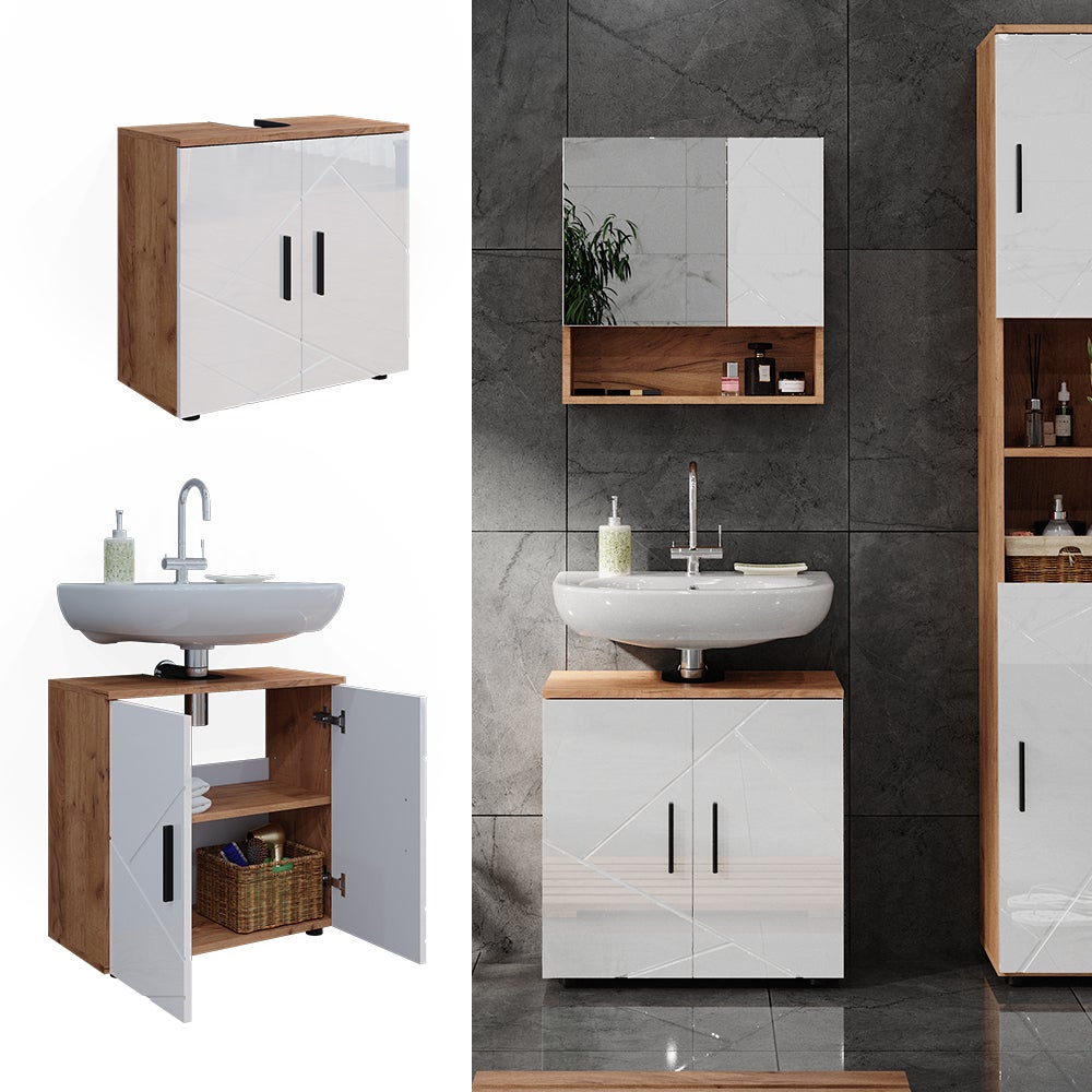 Vicco Meuble sous vasque simple Irma, Blanc brillant/Chêne doré, 60x59cm - 2