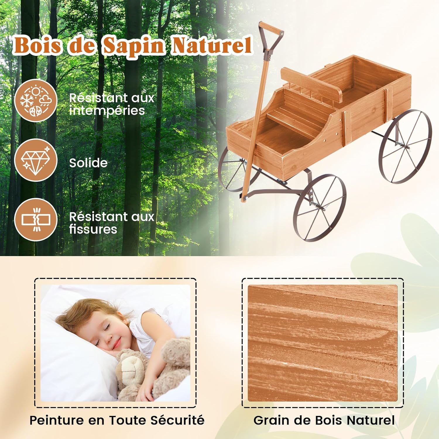 Brouette Décorative en Bois avec 2 Compartiments à Planter, Jardinière avec Roues Métalliques et Poignée à l'avant Charge 15kg (Orange) - 5