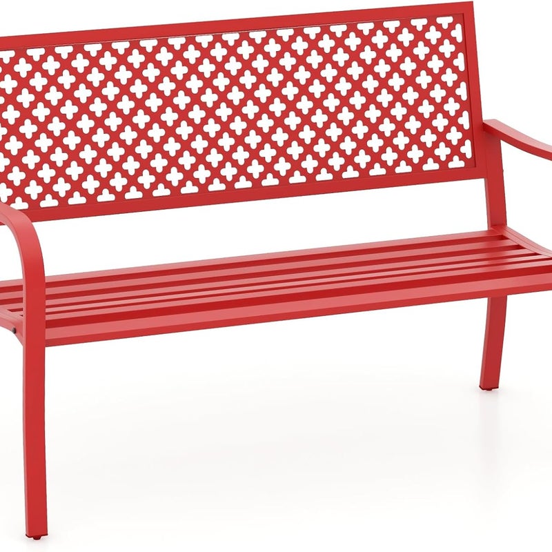 Ławka Ogrodowa dla 2 Osób, 127 cm Metalowa Ławka z Oparciem i Siedziskiem z Listewkami, Ergonomiczne Zakrzywione Podłokietniki (Czerwona)