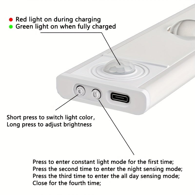 Tira de luz LED regulable de 3 colores, luz nocturna inalámbrica pequeña de 50 cm, sensor de movimiento, recargable, para cocina y armario. - 5