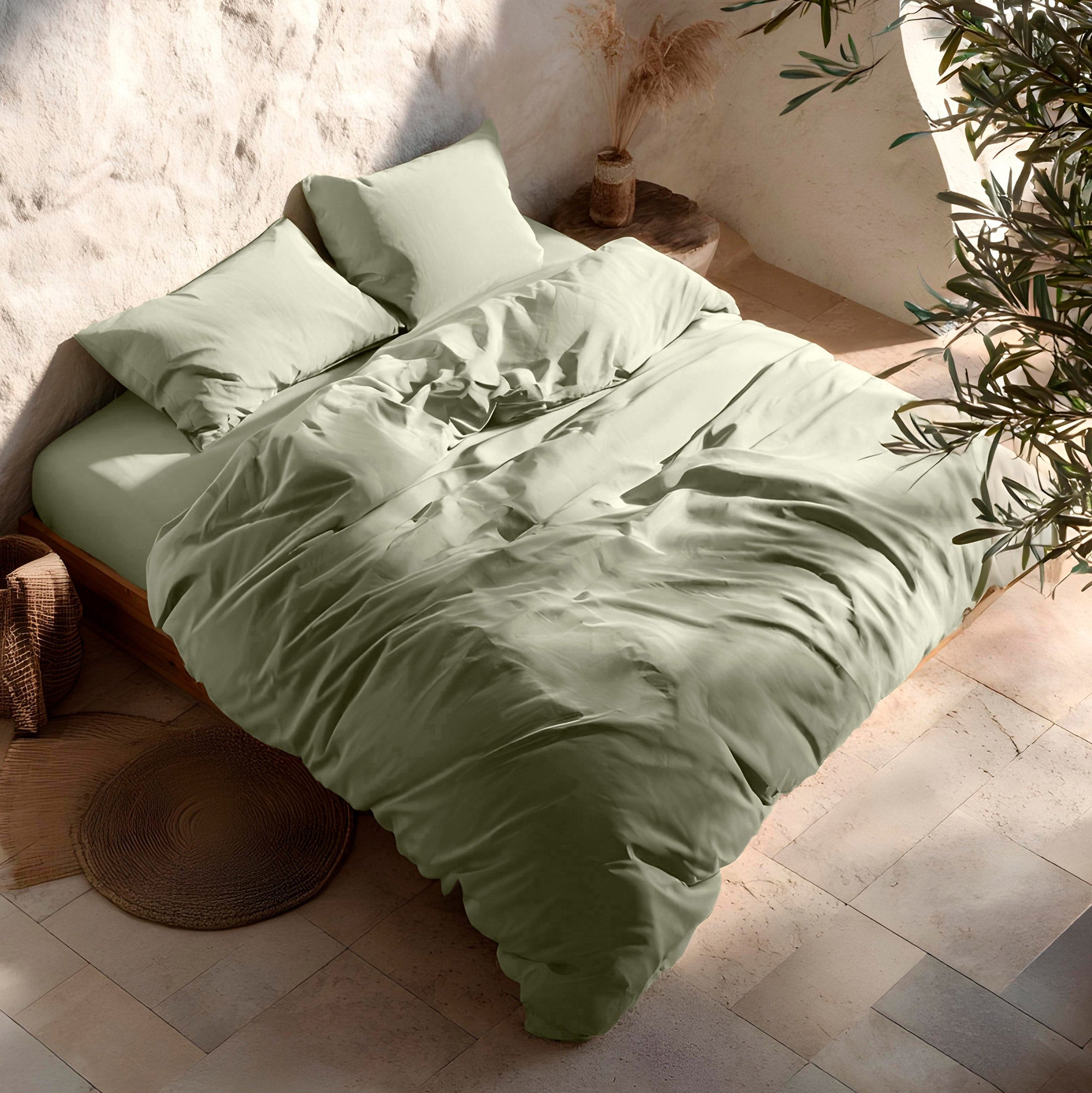 Housse de couette uni 100% coton avec taie d'oreiller 150x220 + 45x110cm coloris Verde - 3