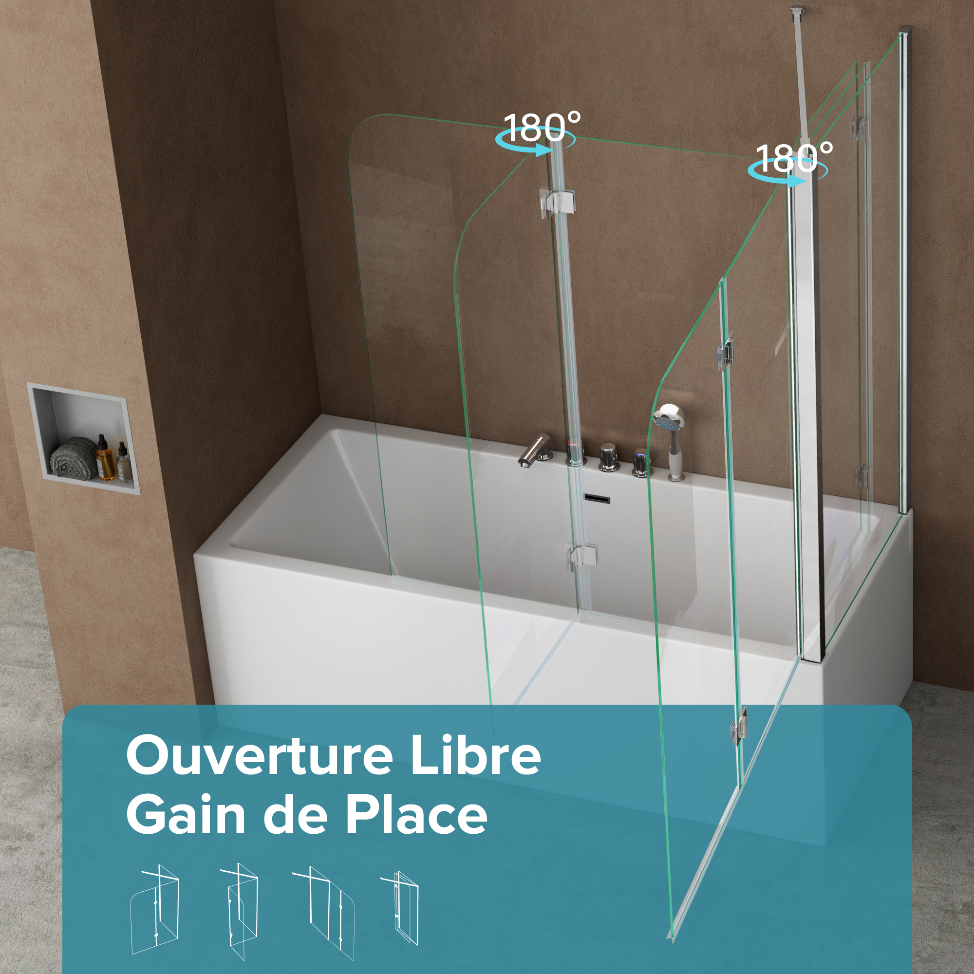 doporro Paroi de Baignoire 70x120x140cm Pare Baignoire Fixe Plus 2 Volets Montage Réversible Verre Trempé Transparent 6mm Cortona113 - 2