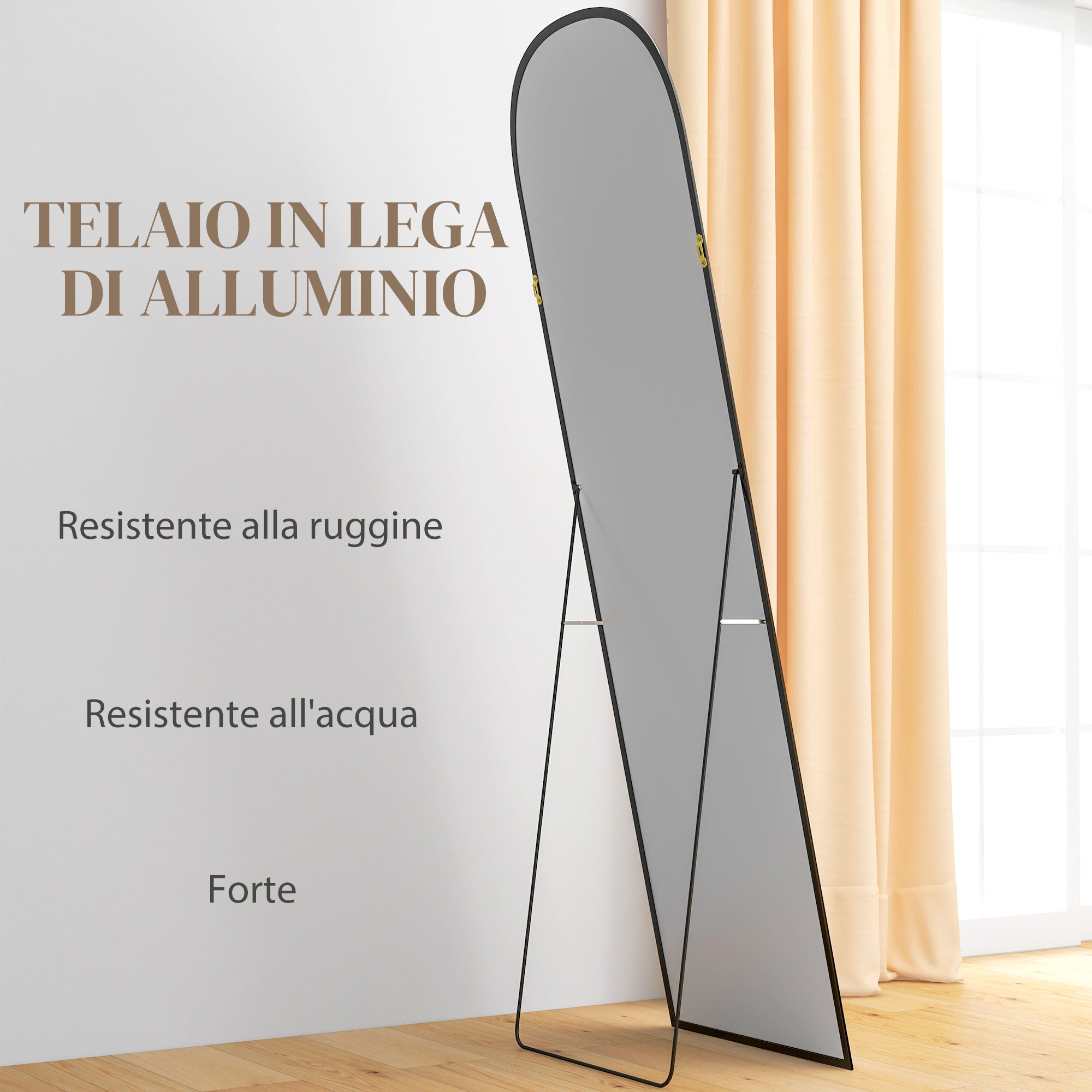HOMCOM Specchio da Terra e Parete Moderno in Lega di Alluminio con Supporto Pieghevole, 50x170 cm, Nero - 6