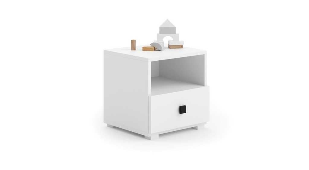 Biała szafka nocna z 1 szufladą z czarnym uchwytem i 1 półką – Kompaktowy i nowoczesny design, 40,5x37x40 cm, idealna do sypialni