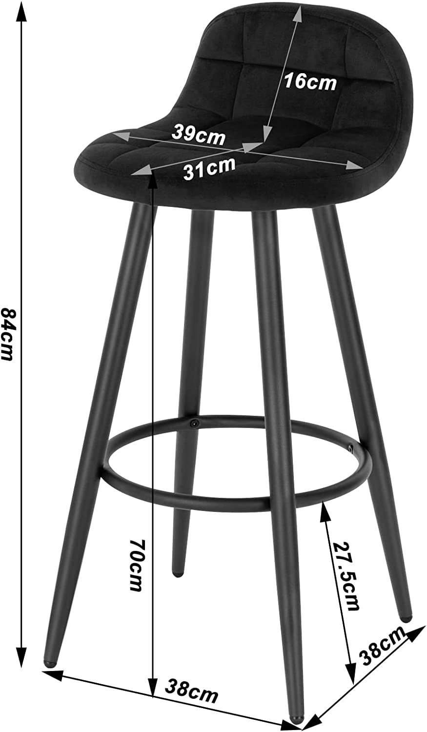 Lot de 2 Tabourets de Bar Modernes WOLTU, Chaise de Cuisine Haute en Velours et Métal, Hauteur d'Assise 70cm, Noir - 4