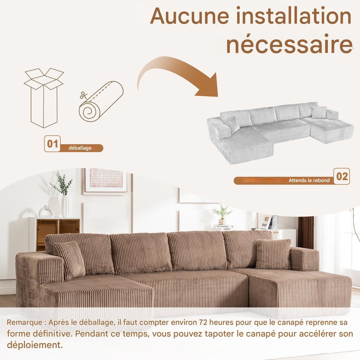 Canapé panoramique d'angle en U,4 places,Canapé modulable,accoudoirs,Velours côtelé,Étui à ressort + mousse haute résilience,Marron - 4