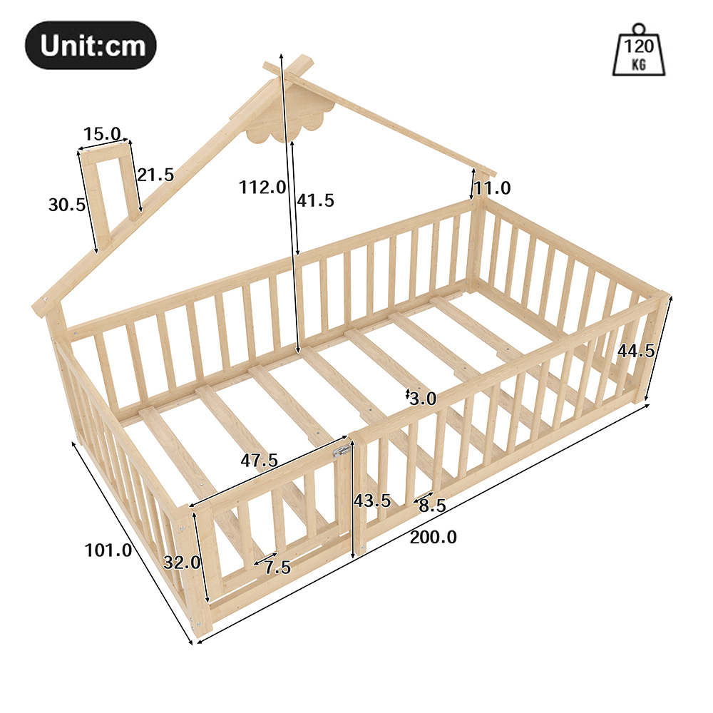 Lit cabane lit enfant 90x190 cm bordure barrière avec serrure bois de pin naturel - 7