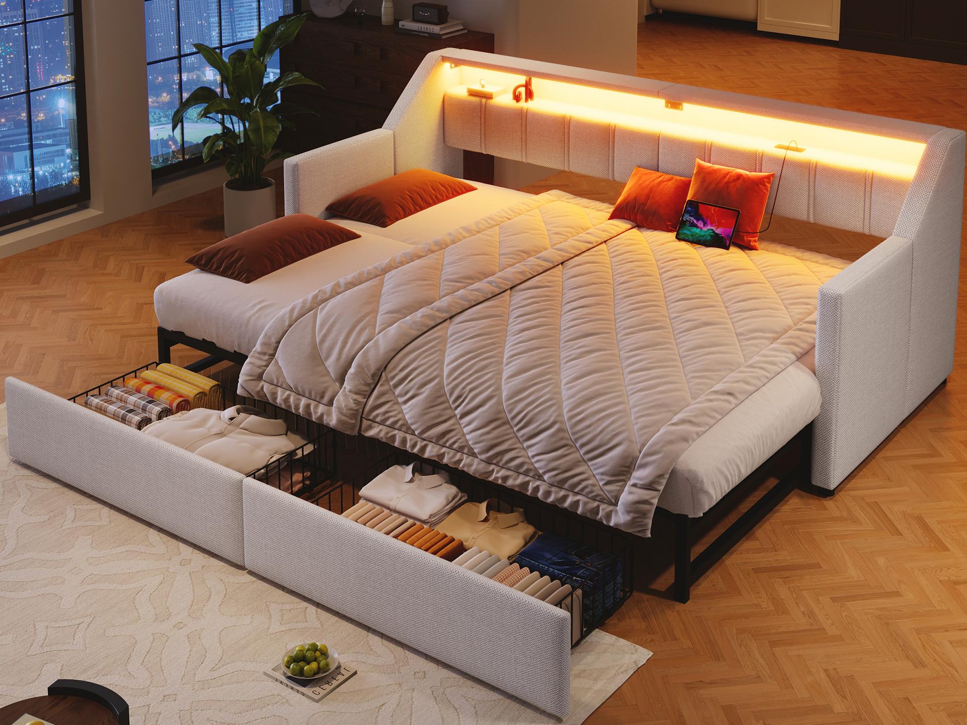 Sofa-łóżko 90x200cm - z USB + Type-C - z oświetleniem LED - z 2 szufladami - beżowa (bez materaca)