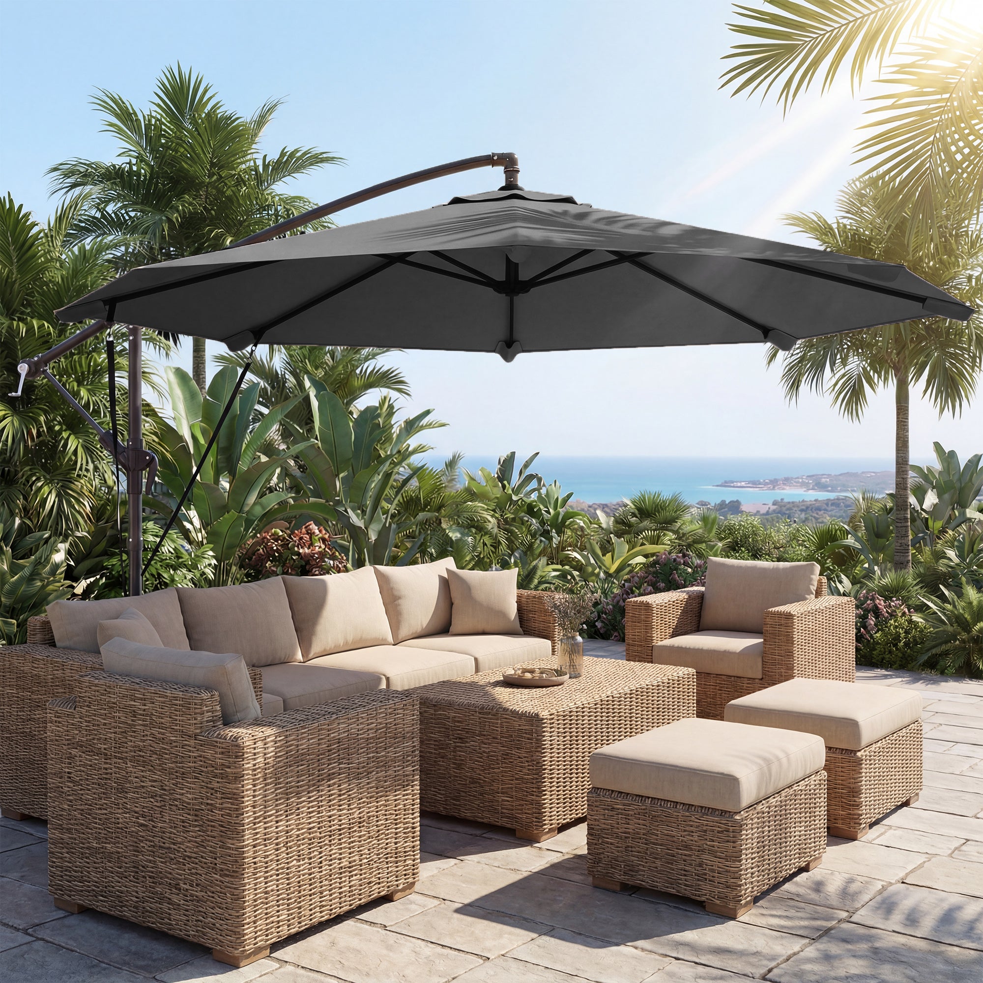 Parasol Déporté Parasol de Jardin Extérieur Double Cordes de Fixation et Housse de Protection Manivelle Gris Foncé - 3