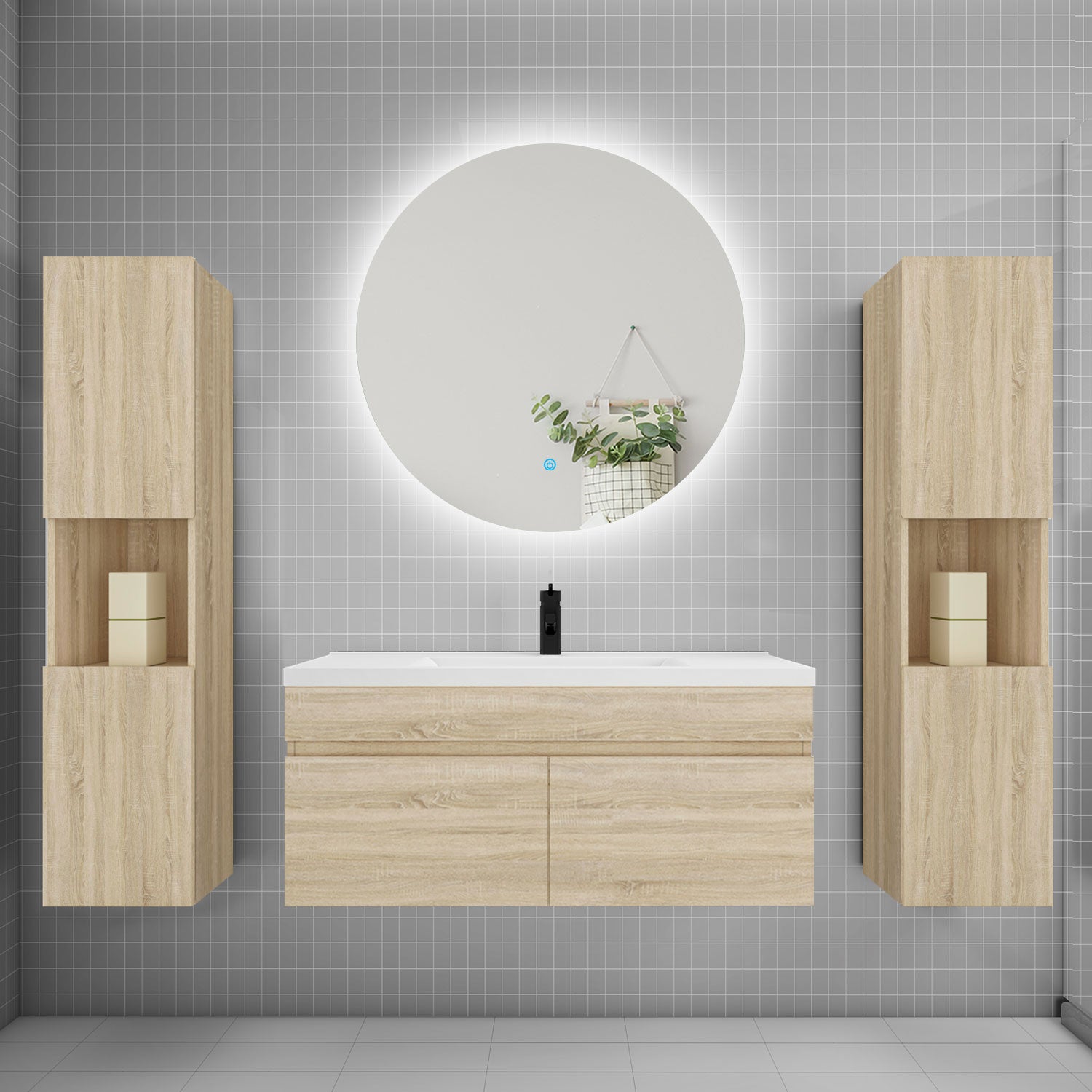 Ensemble Meubles Simple Vasque 100cm,colonne + Miroir Rond Lumineux Anthracite Ocean 96408734
