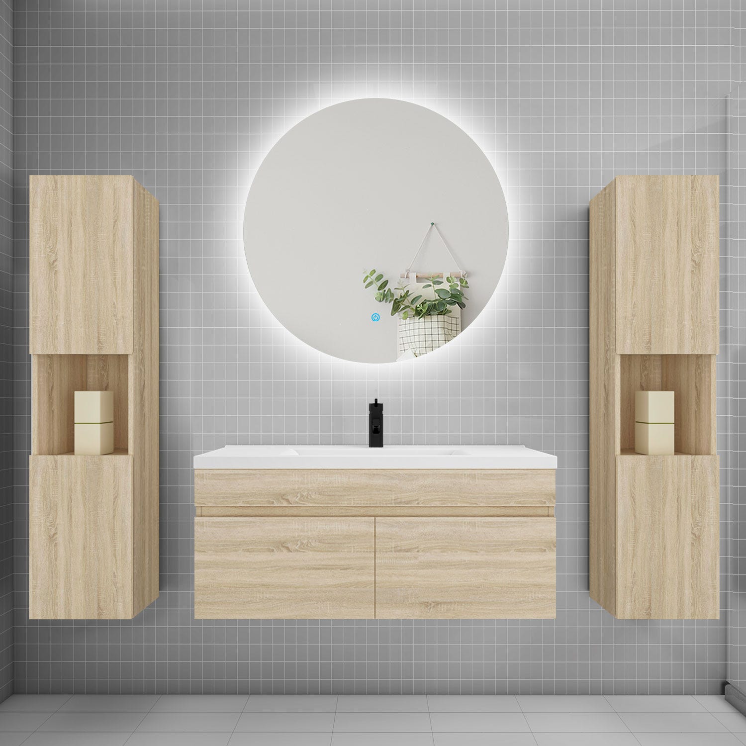 Ensemble Meuble Salle De Bain Blanc 100 Cm - Vasque + Meuble + Miroir Lumineux Rond Anti-buée - En MDF - Livraison France