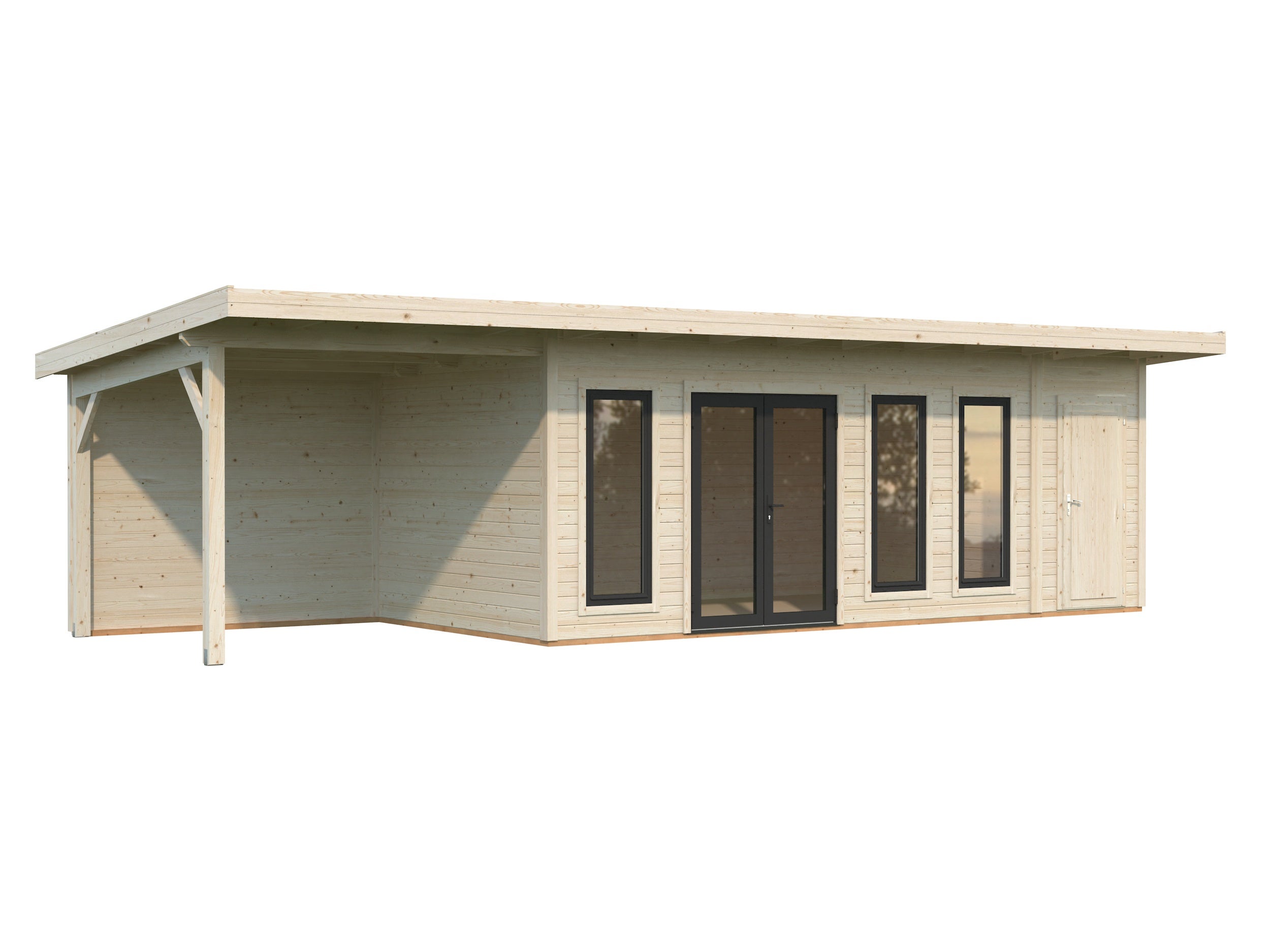 Studio de jardin en bois avec pergola Aurelia -PALMAKO - Ep.44 mm - 973x300 cm - 39.6 m² - Double vitrage trempé - 2