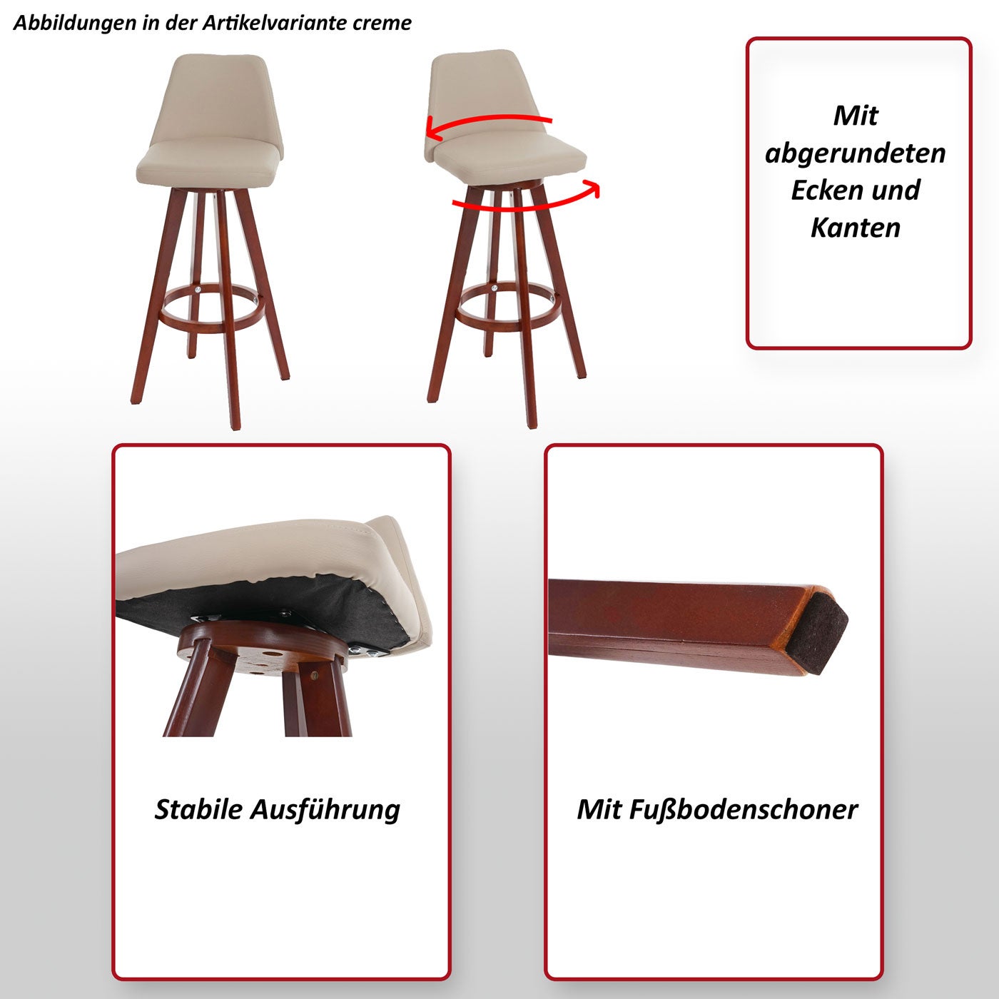 Stołek barowy HWC-C43, stołek barowy, obrotowy z imitacji drewna ~ kremowy - 5