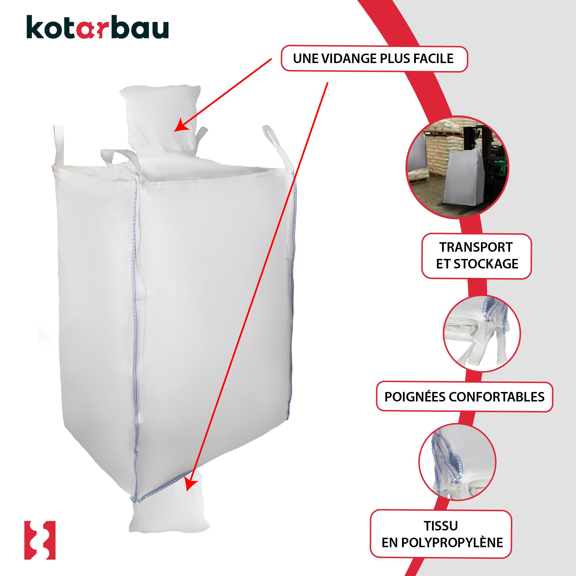 Sac Big Bag Vide, Sac Gravat Chantier 90 x 90 x 160 cm 1000 kg avec trémie de vidange - KOTARBAU - 4