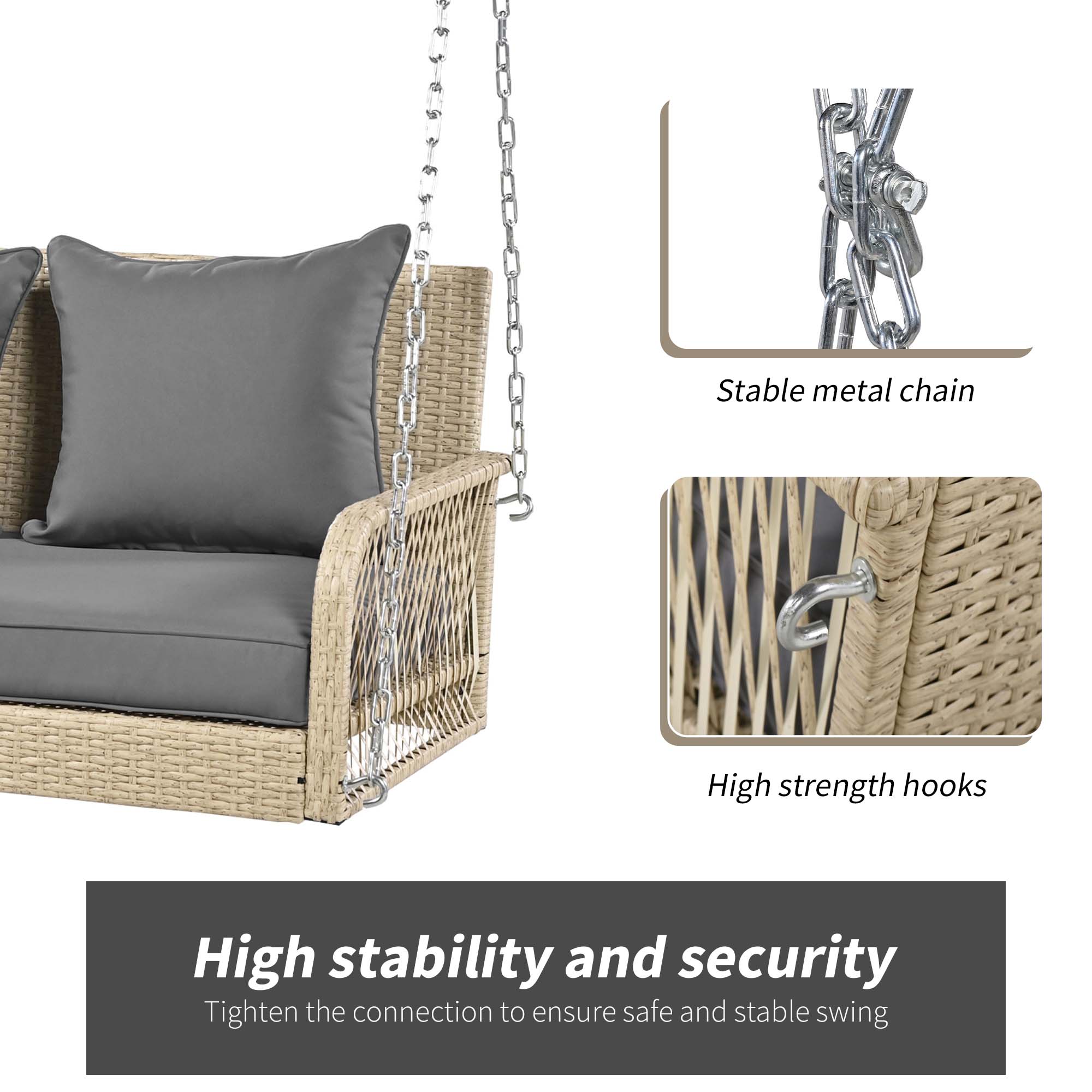 Balancelle de Jardin en Rotin Beige avec Coussins Beige – 2 Places, Élégante et Confortable - 7