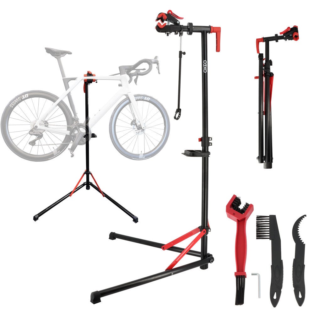 Support De Réparation Vélo OXEO – Tête Rotative 360°, Hauteur Réglable 106-153 Cm, Charge Max 30 Kg, Avec 3 Outils De Nettoyage, Marque Française