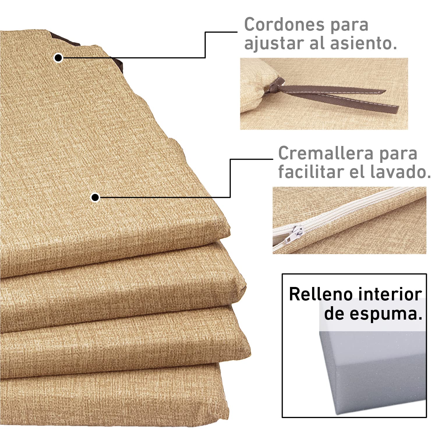 TIENDA EURASIA® Pack 4 Cojines para Sillas, 2 Cintas de Sujeción, Interiores y Exteriores, 40x40x3 cm, Beige - 3