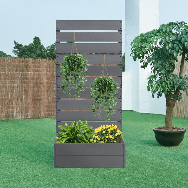 Relaxdays Jardinière Avec Treillis Espalier 147 Cm – Bois Sapin Gris 25L – Support Plantes Grimpantes Lierre Vigne Rose – Idéal Jardin Balcon Terrasse