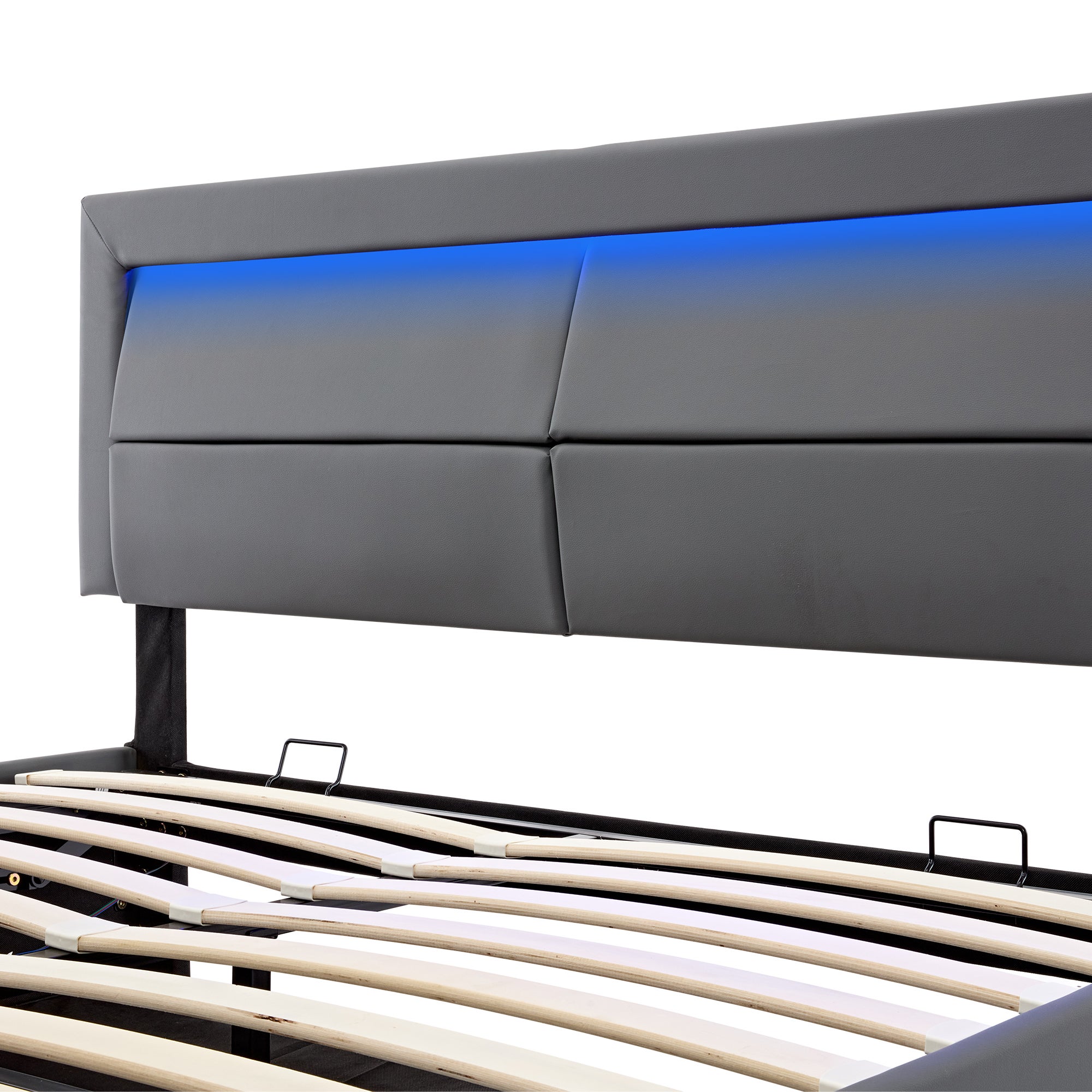 Łóżko z pojemnikiem 160x200 cm z ekoskóry z LED - z portami ładowania (przewodowym i bezprzewodowym) - Szare - 9