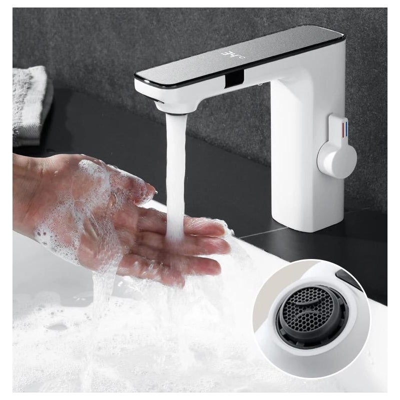 Kran umywalkowy do łazienki z inteligentnym czujnikiem i wyświetlaczem cyfrowym - biały KLEENMAC Model: FLAVIUS) Ref: KSSBF2305DDW