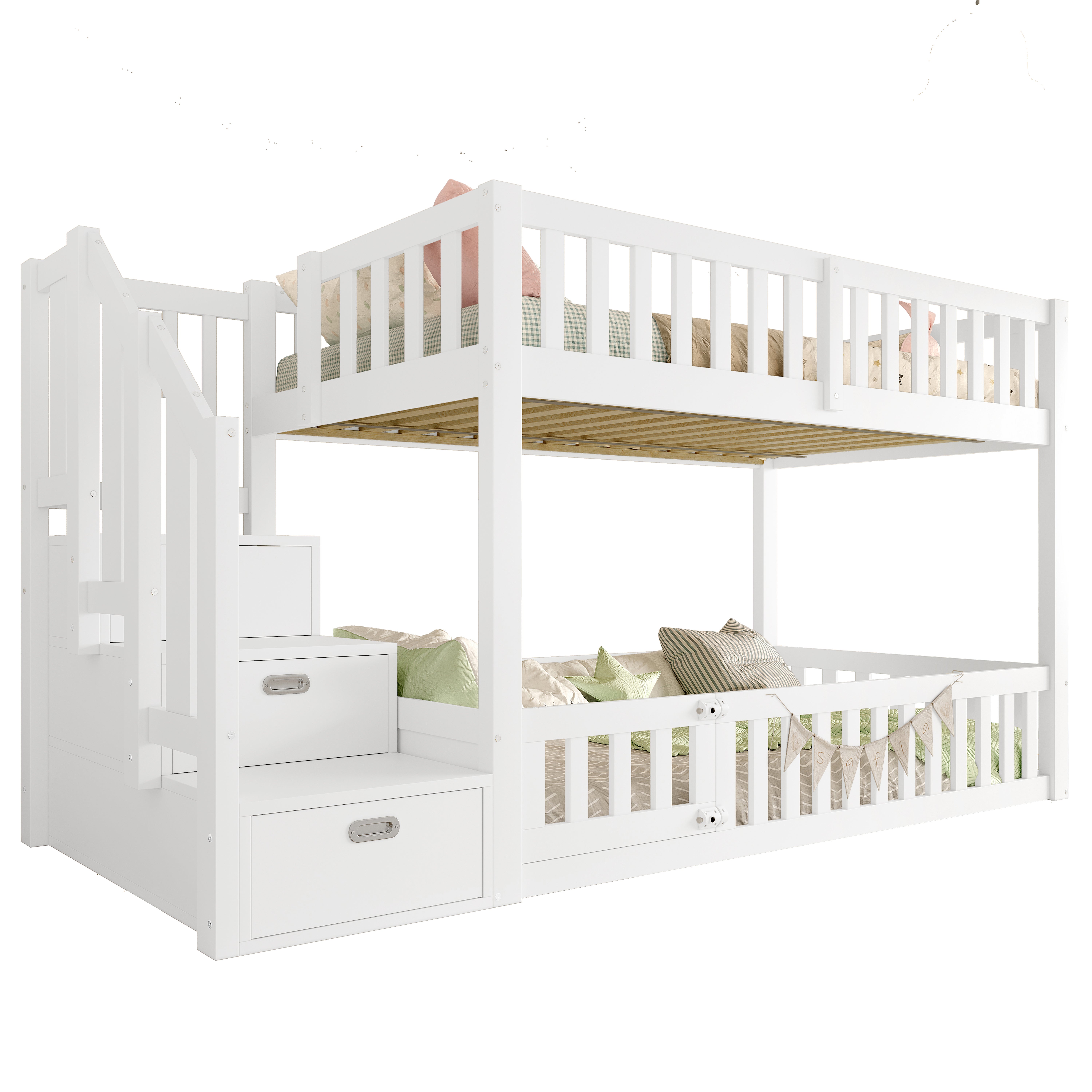 Litera Infantil 90x200 cm Blanco, Madera de Pino + MDF, Cama Baja con Escalera de Almacenamiento, Barandilla Segura - 5