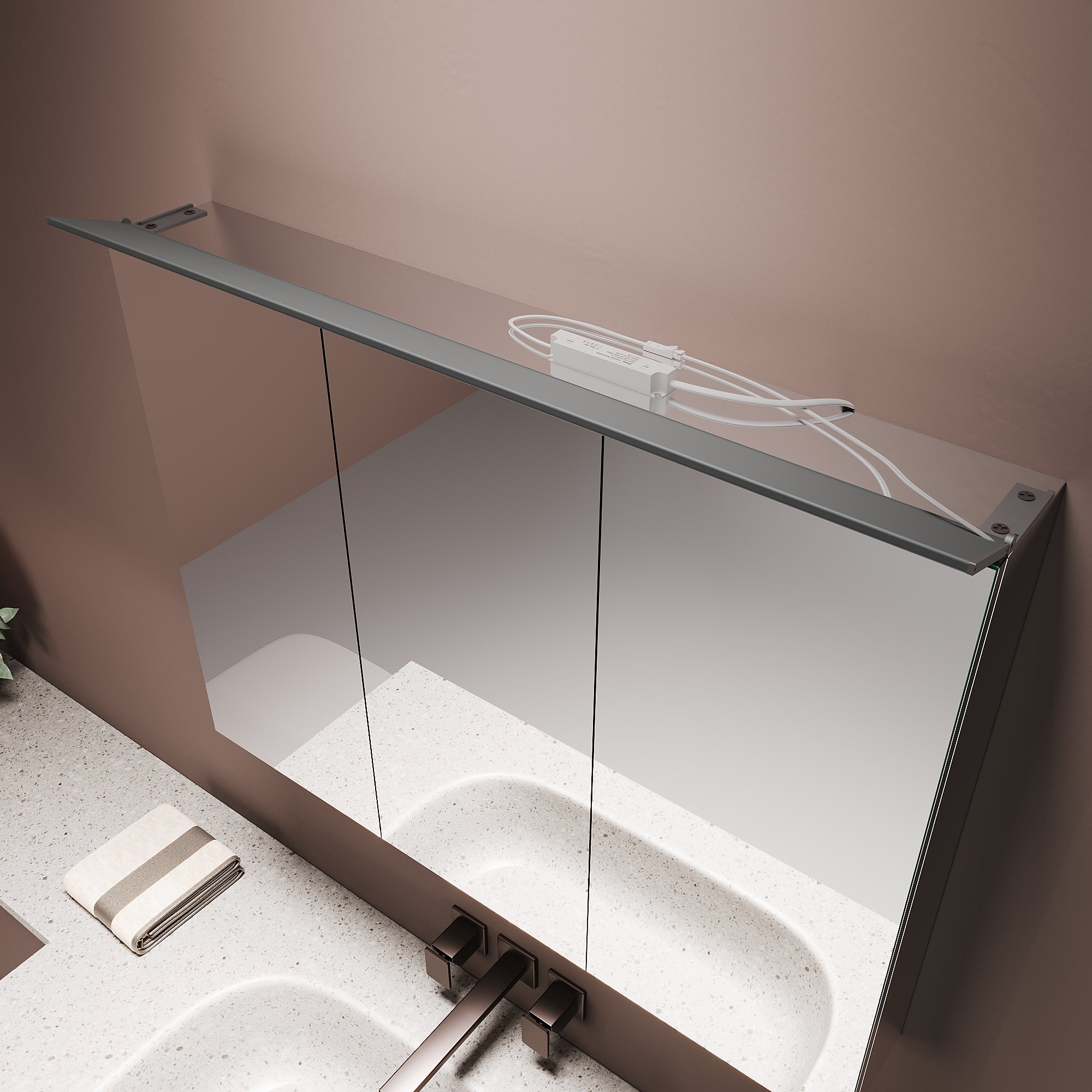 SIRHONA Armoire Miroir Inox 3 Portes 80x60x12cm,&nbsp;Éclairage Supérieur LED Amovible, Design sans Câbles Internes, Grande Capacité - Argent - 5