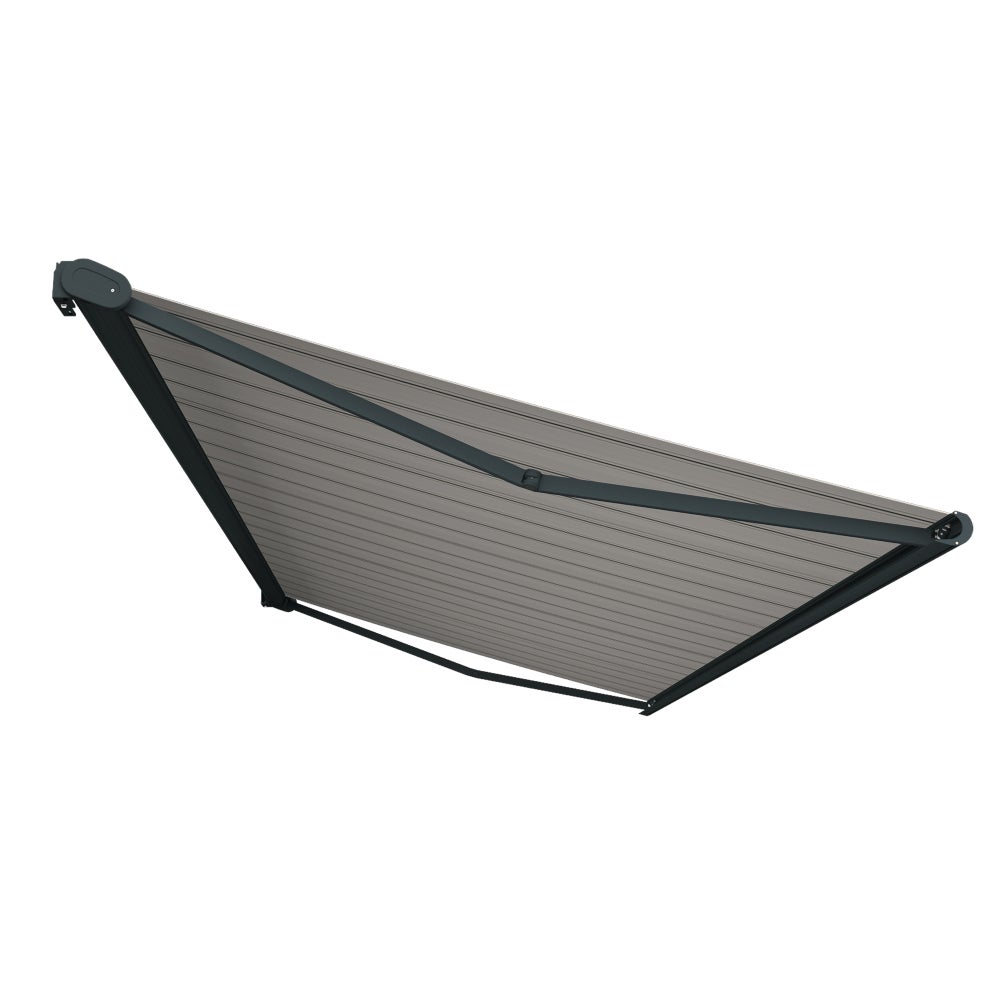 Store banne Coffre intégral PROTECT 2 LED Gris Anthracite 6x3,5m Motorisé à télécommande + Eclairage LED - Toile Grise Rayée - 3