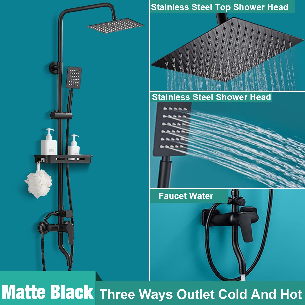 Columna de ducha con grifo Rociador de ducha, Altura regulable H.81-119 cm, Negro, Baño - 9