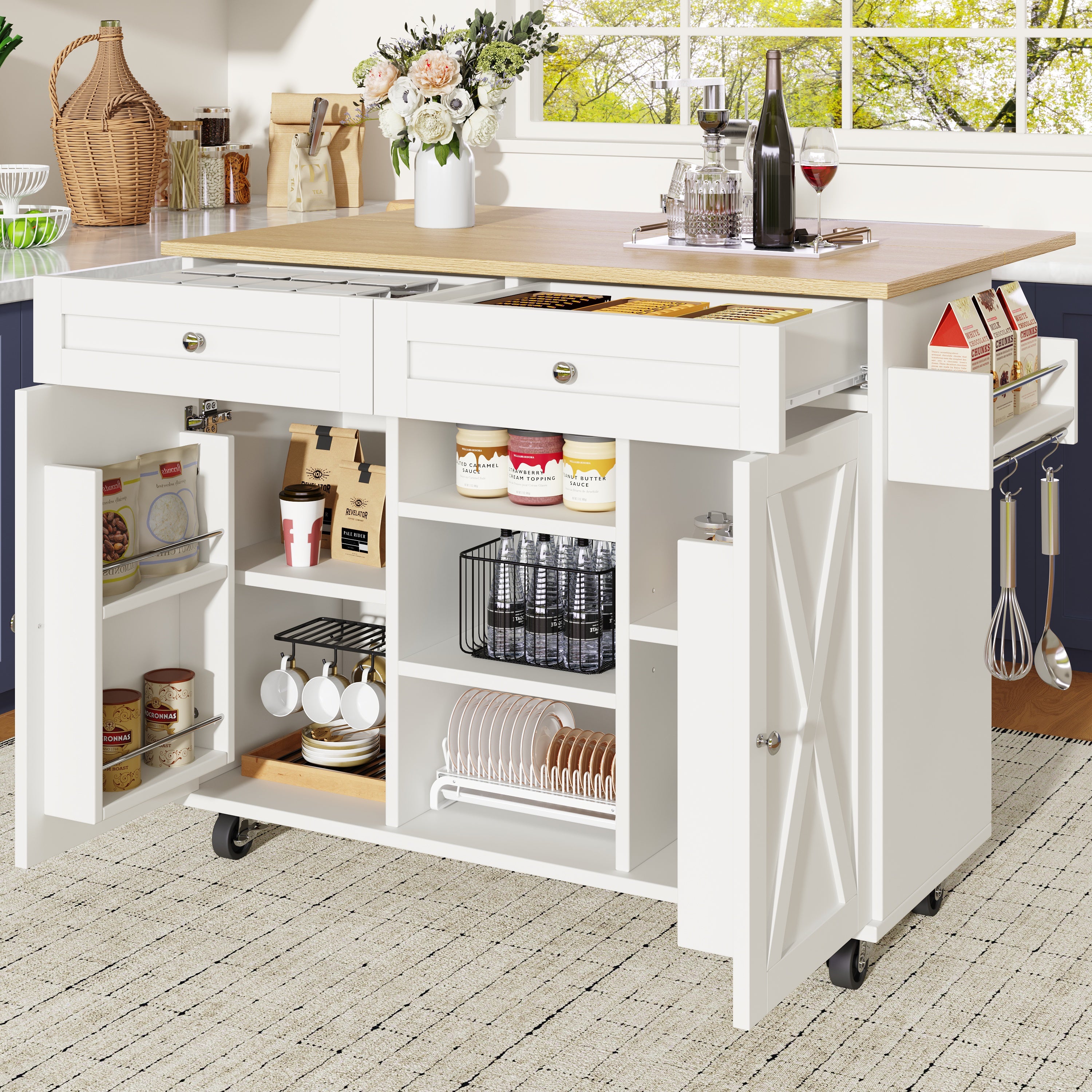 Isola Da Cucina Moderna Con Piano Pieghevole - Carrello Multifunzionale Con Ruote, Vetro E Armadio