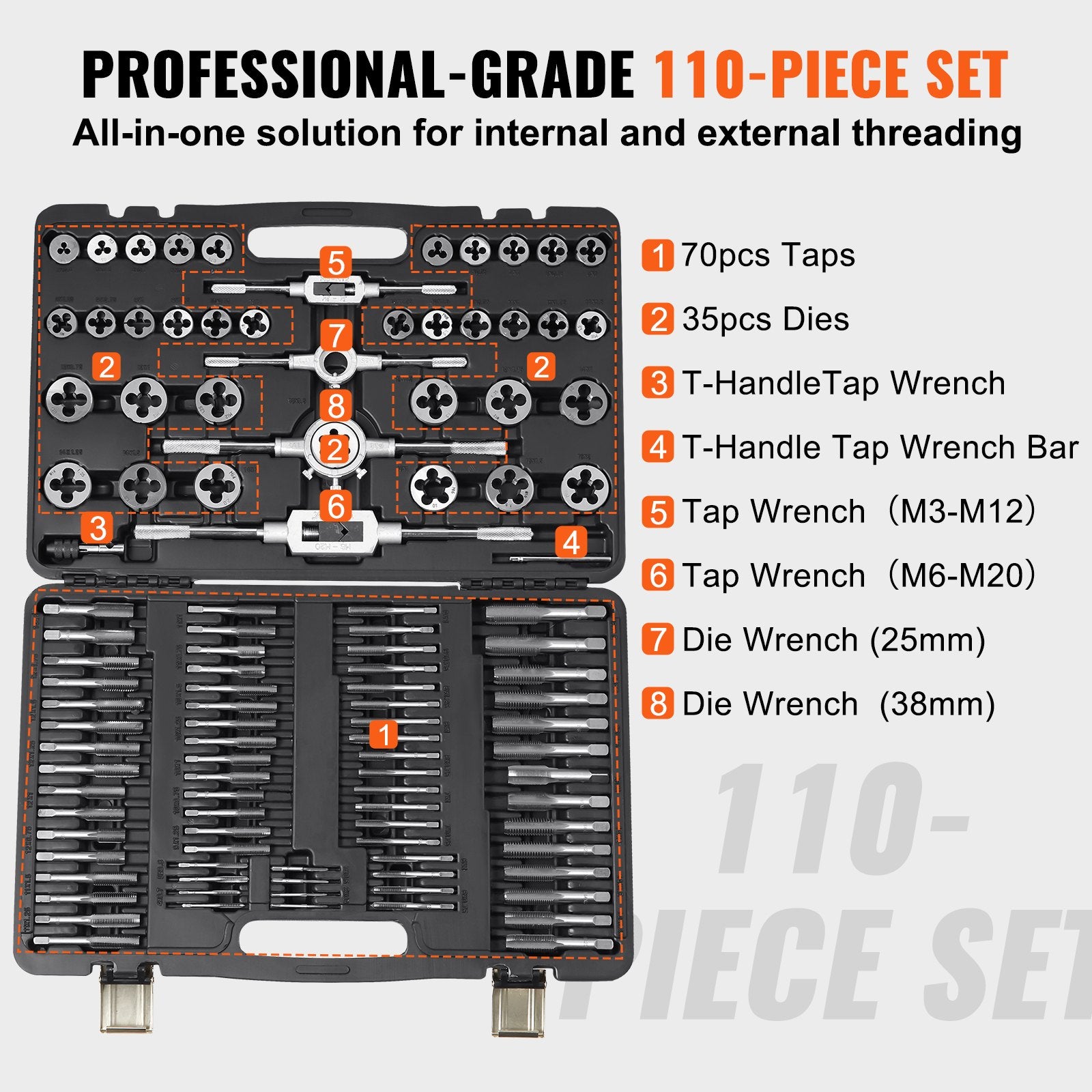 Coffret Tarauds et Filières VEVOR 110 Pièces Métrique M2-M18, Kit de Taraudage et Filetage pour Construction, Réparation Automobile et Plomberie - 3