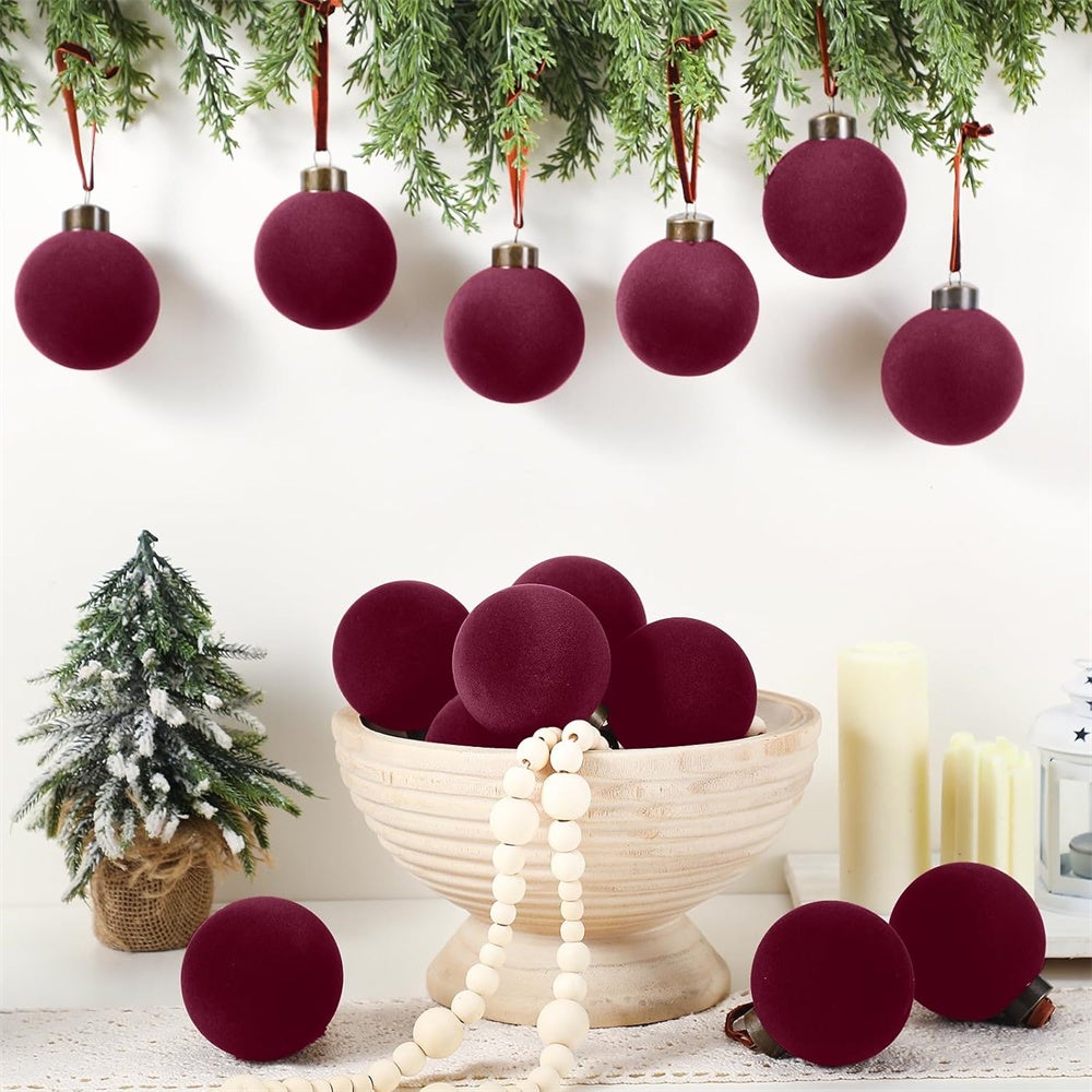 15 palline di Natale in velluto, decorazioni decorative in plastica floccata, decorazioni per l'albero di Natale (bordeaux, 8 cm) - 2