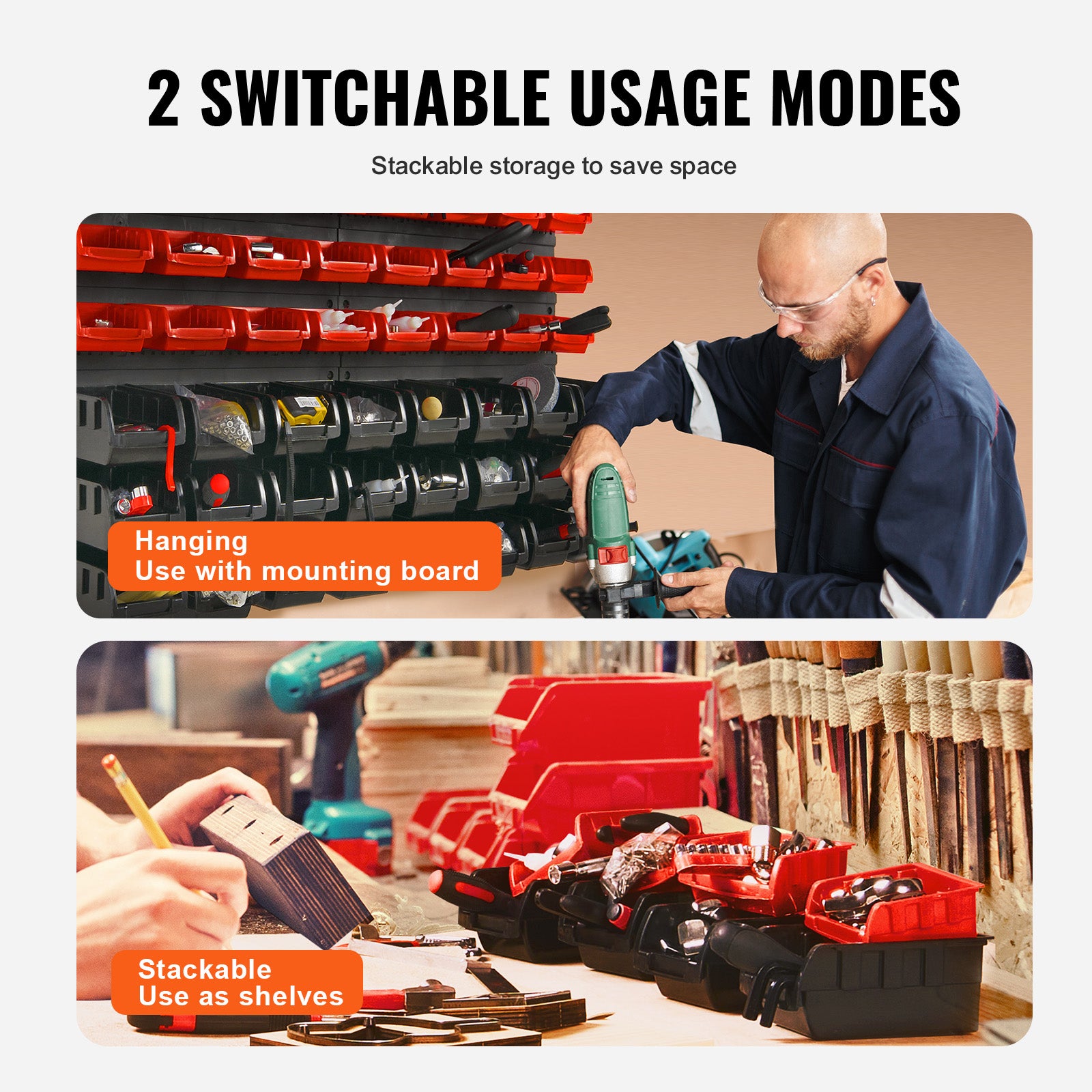 Étagère Bac à Bec Plastique VEVOR,48 Boites Rangement Empilables Atelier Garage avec Panneaux Muraux,Organisateur Outil pour Écrous,Boulons,Noir/Rouge - 3