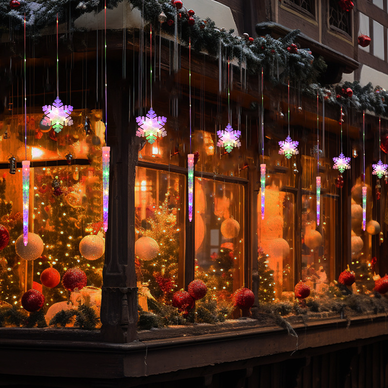 Catena luminosa natalizia a forma di fiocchi di neve e ghiaccioli, tenda luminosa a LED per esterni, alimentazione tramite USB, con telecomando - 7