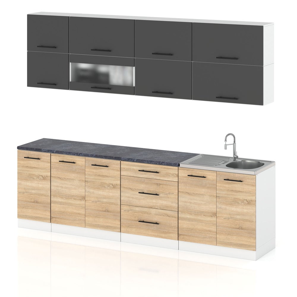 Meble kuchenne zestaw kuchnia robo lux 2.6m modułowa szary mat dąb sonoma