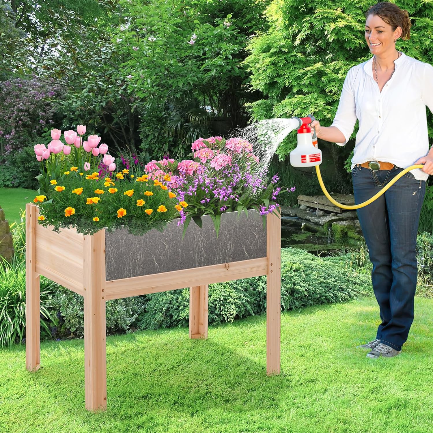 Carré Potager sur Pieds avec Panneau Acrylique, Lit de Jardin Surélevé en Bois, Trous de Drainage, Plates-Bandes Mobiles, 50L - 9