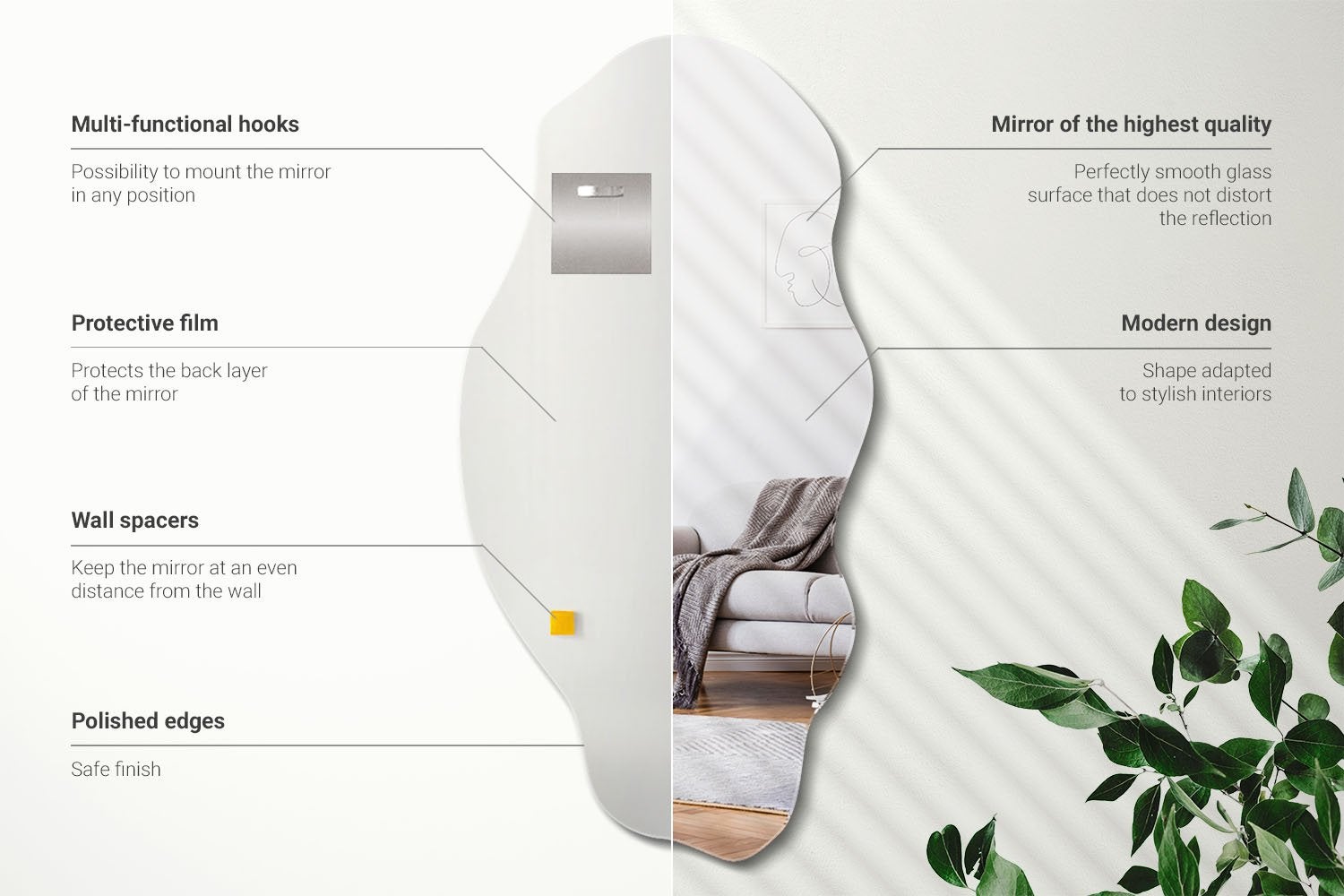 Specchio decorativo da parete con forma organica e irregolare per camera 50x100 cm, ArtPrintCave - 3