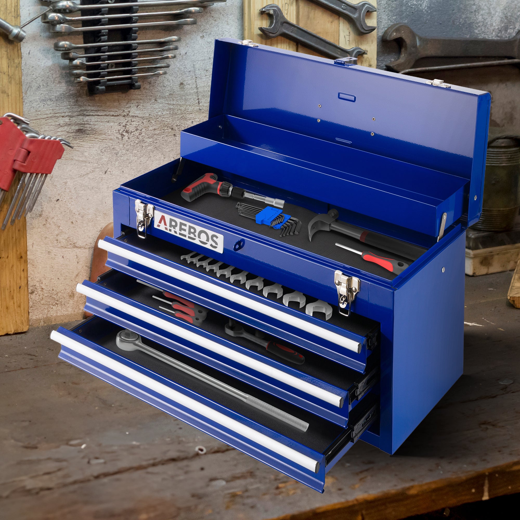 AREBOS Boîte à outils avec 3 tiroirs et 2 compartiments de rangement Bleu Poignée de transport et fermetures à pression Coffret à Outils Tapis - 2