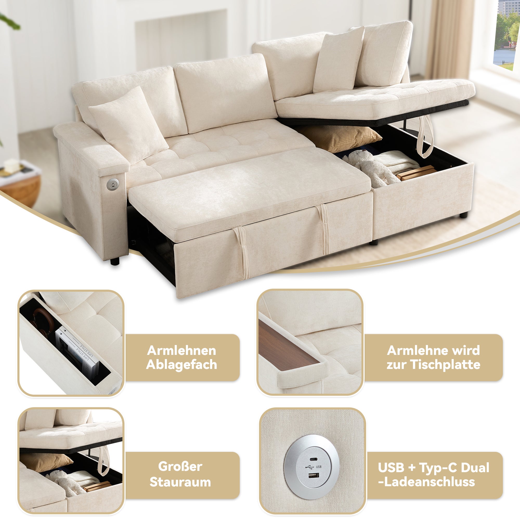 Canapé d'Angle Convertible avec Coffre , Canapé,Lit Moderne 2 à 3 Places avec Port USB, Tissu Chenille Beige - 7