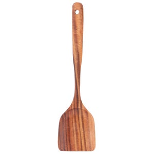 Spatola in legno di teak con manico lungo, antiaderente, per cuocere e servire (pala piccola