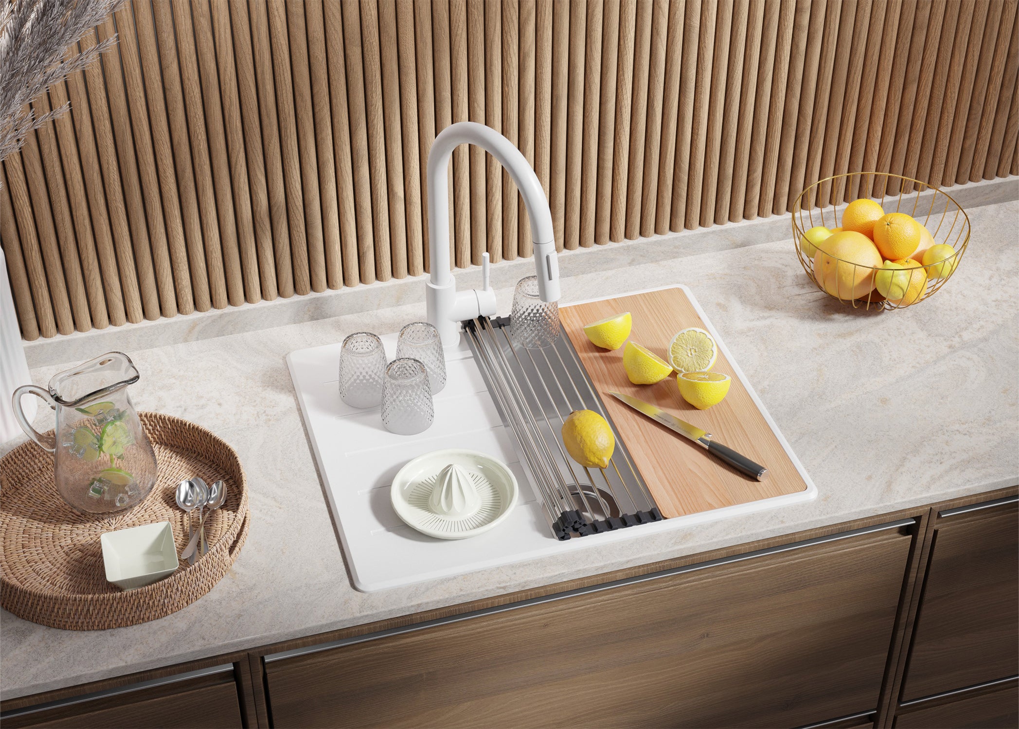 Lavandino da Cucina Bianco 62x50cm, Lavello in Granito a 1 vasca + Sifone Classico + Accessori, Lavabo da Cucina Incasso al mobile 45cm PRIMAGRAN - 2