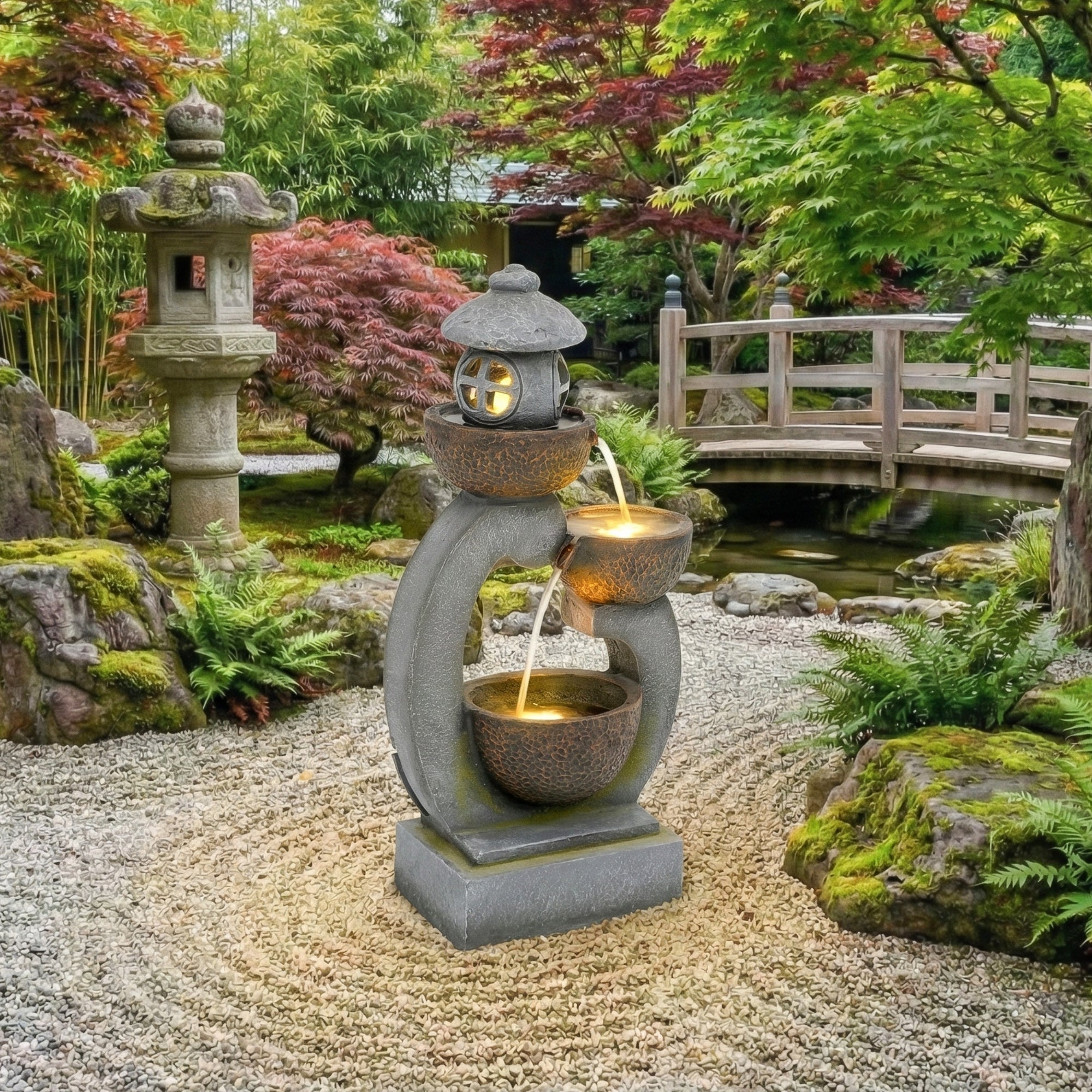 Grande Fontaine de Jardin Zen Style Japonais avec LED - Cascade d
