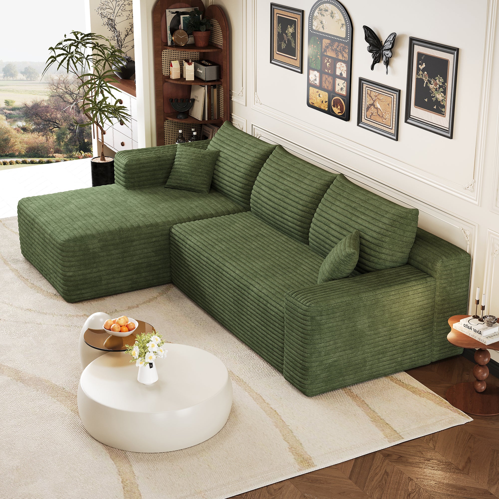 Canapé Modulaire compresse 241x151x58cm avec coussin, Canapé d'Angle Côté gauche Velours Côtelé avec méridienne, Assise Profonde,Canapé 3 Places Vert - 3