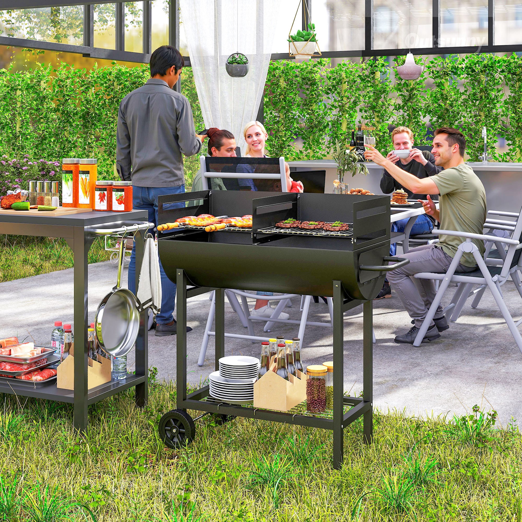 Outsunny Barbacoa De 90X45x96 Cm Metal Carbón/Negro , Leroy Merlin