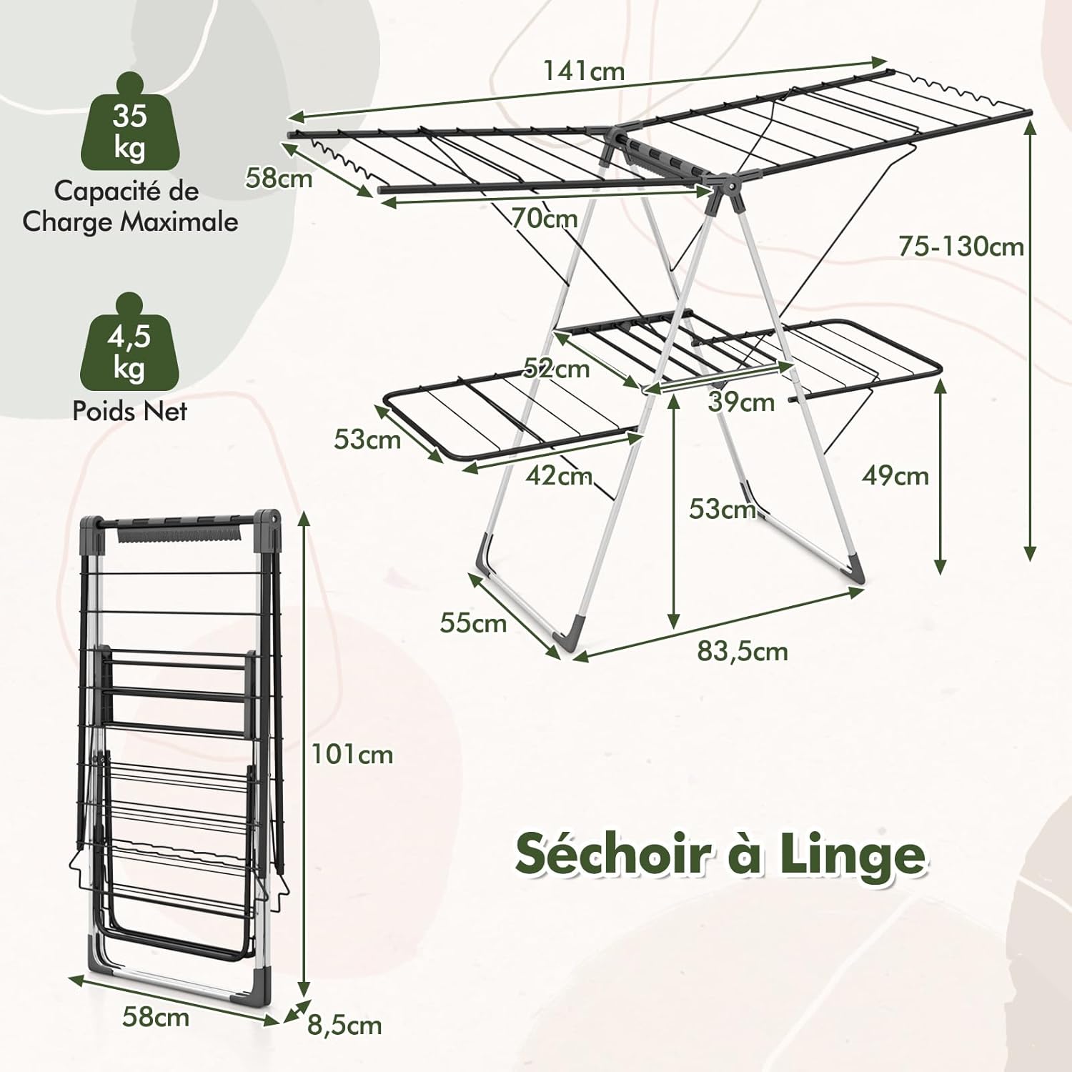 Suszarka do Ubrań 2 w 1, 2 Ramiona o Regulowanej Wysokości 70–130 cm, 2 Dolne Ramiona i 1 Uchwyt na Buty, Składana Suszarka z Antypoślizgowymi Nóżkami - 8