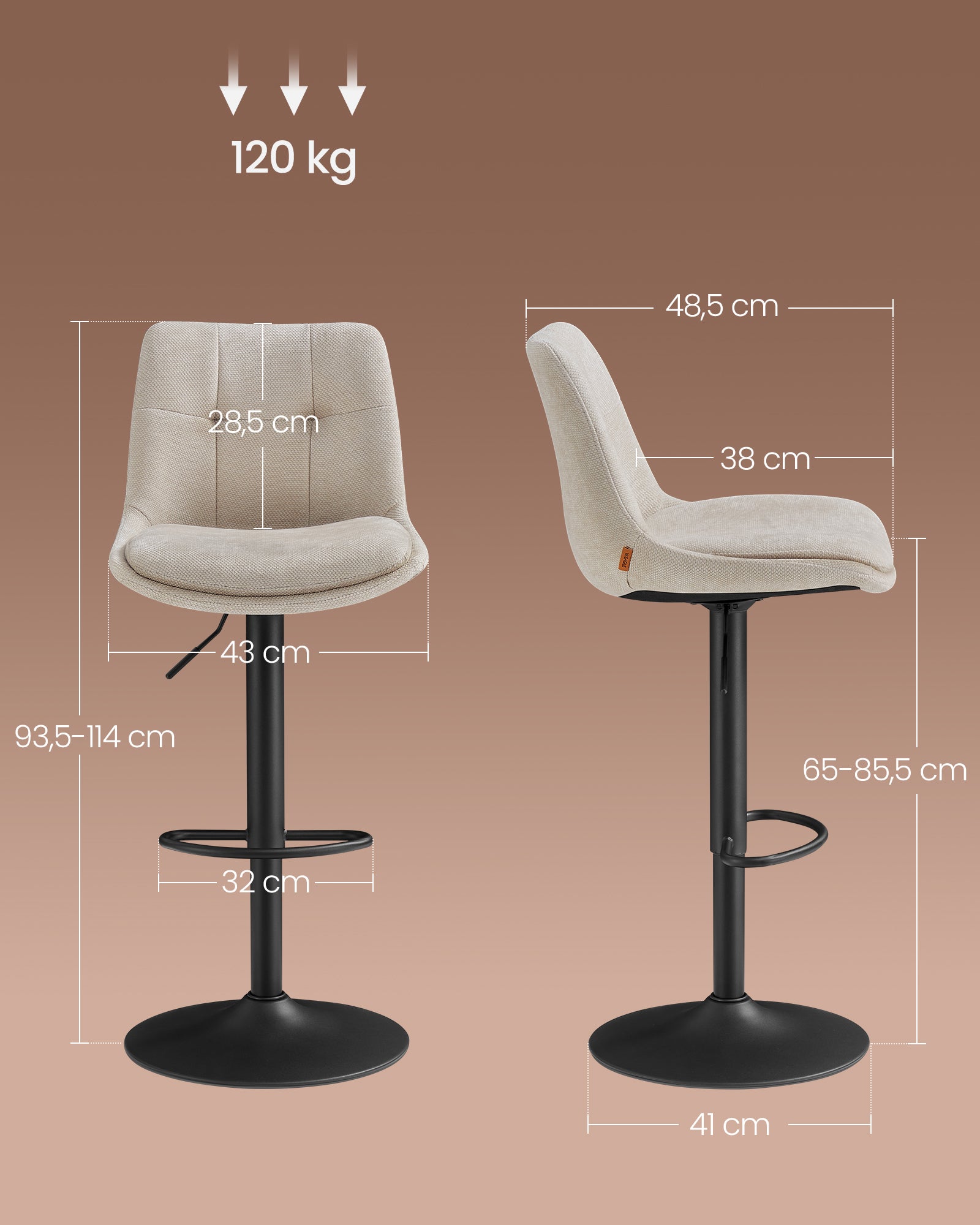 Tabourets de Bar, Lot de 2, Siège Pivotant à Hauteur Réglable, avec Dossier et Repose-Pieds, Salle à Manger, Comptoir, Acier, Blanc Crème - 5