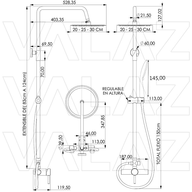 Valaz Barra de ducha monomando redonda ajustable hasta 120CM dorado cepillado - Serie Ebro - 20cm - 2