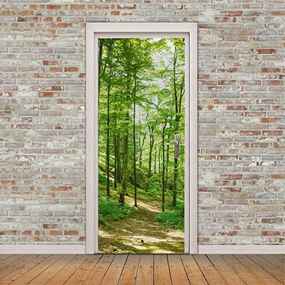 Sticker Porte Trompe L'Oeil 3D 77 X 200 Cm Paysage De Bois Vert Ensoleillé De Bain Auto-Adhésif Amovible Impermeable Autocollant Poster De Porte Stickers Muraux Pour Salon Cuisine Chambre Salle De Ba